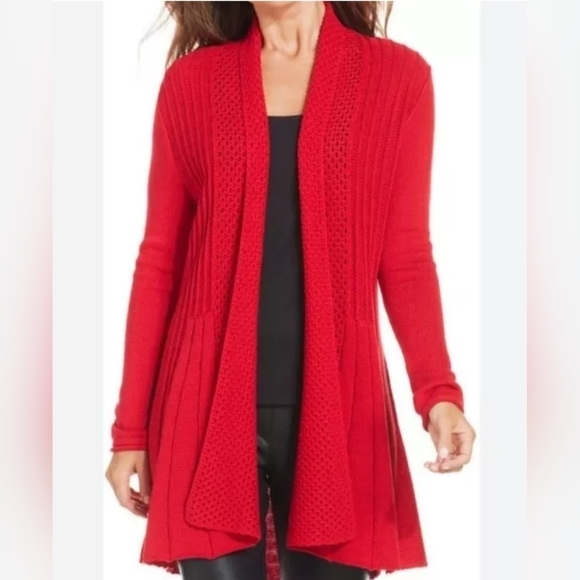 New York Collection Sweaters - NY Collection Womens SZ XL Long Red Open Front Crotchet Cardigan Sweater